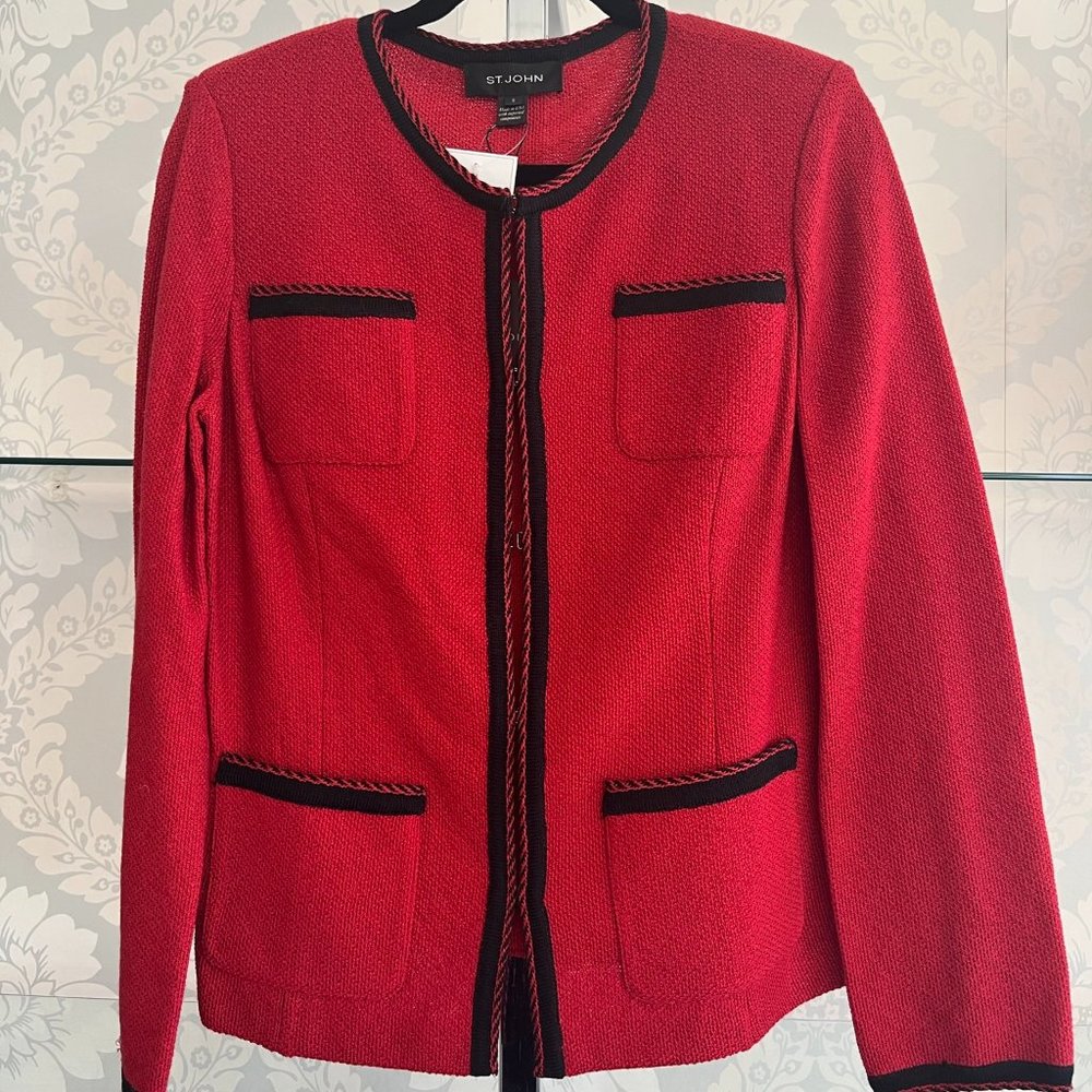 ST. JOHN Black Label Red & Black Knit Hook Front Long Sleeve Jacket